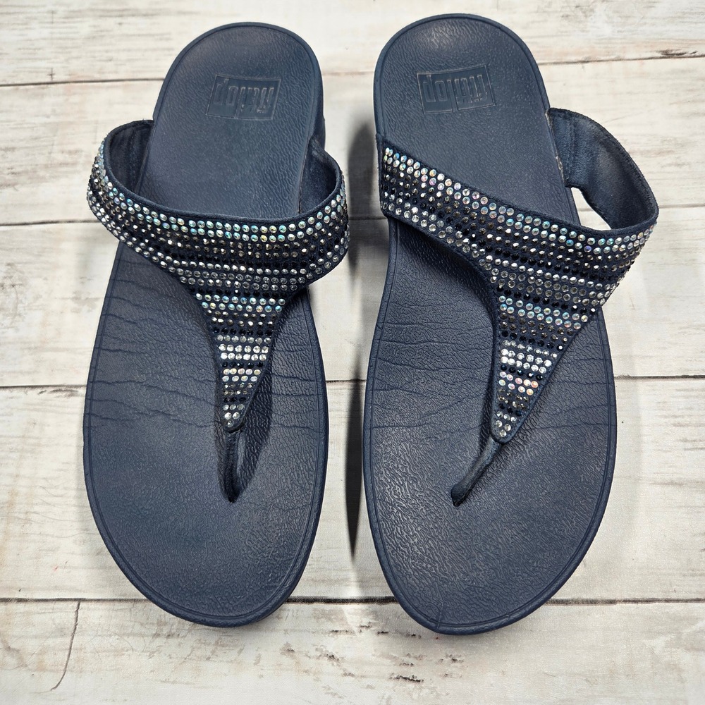FitFlop L93-399 Crystal Thong Sandal Wedge Women 9 Navy Blue Suede Rhinestone